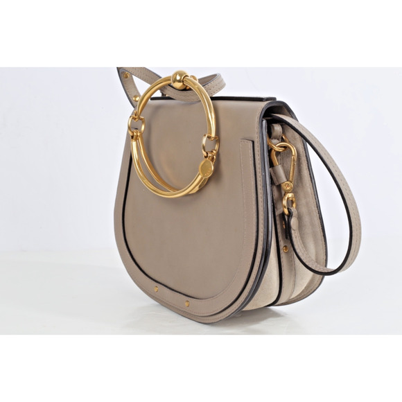 Chloe Nile Medium Bracelet Bag Motty Gray Calf Leather Logo Shoulder Crossbody - Picture 3 of 16